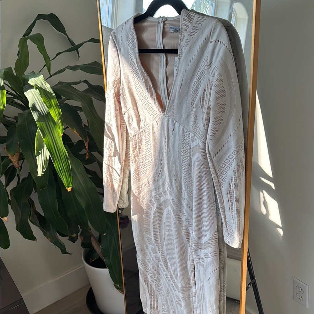 Fashion Nova Cream Long Sleeve Sheath Dress Plunge Neckline